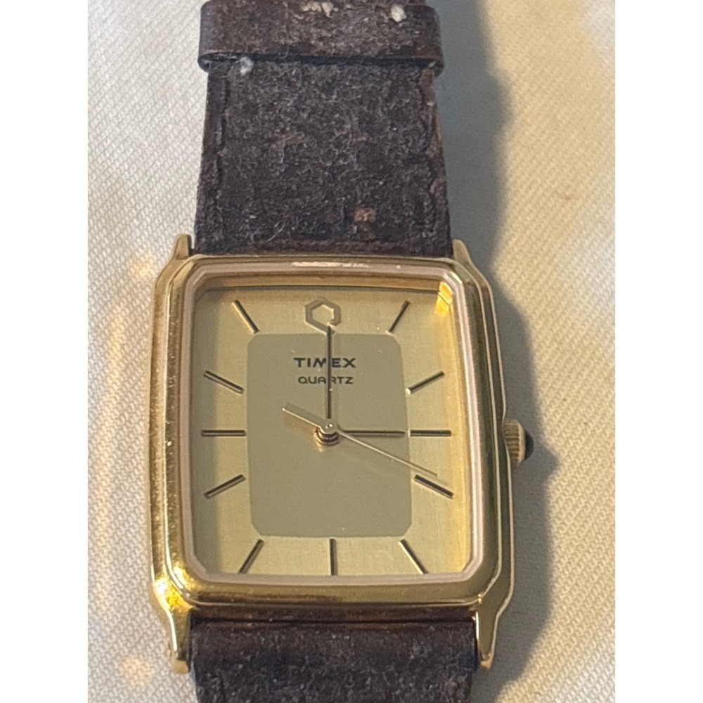 Timex Quartz Watch Unisex Gold Rectangular Brown Leather Strap selling for parts - Picture 2 of 7